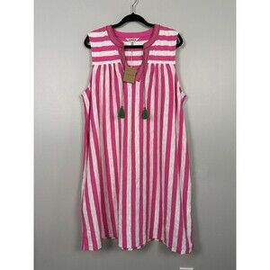 Boden Nadine Notch Cotton Dress Size 14R Pink White Stripe Sleeveless